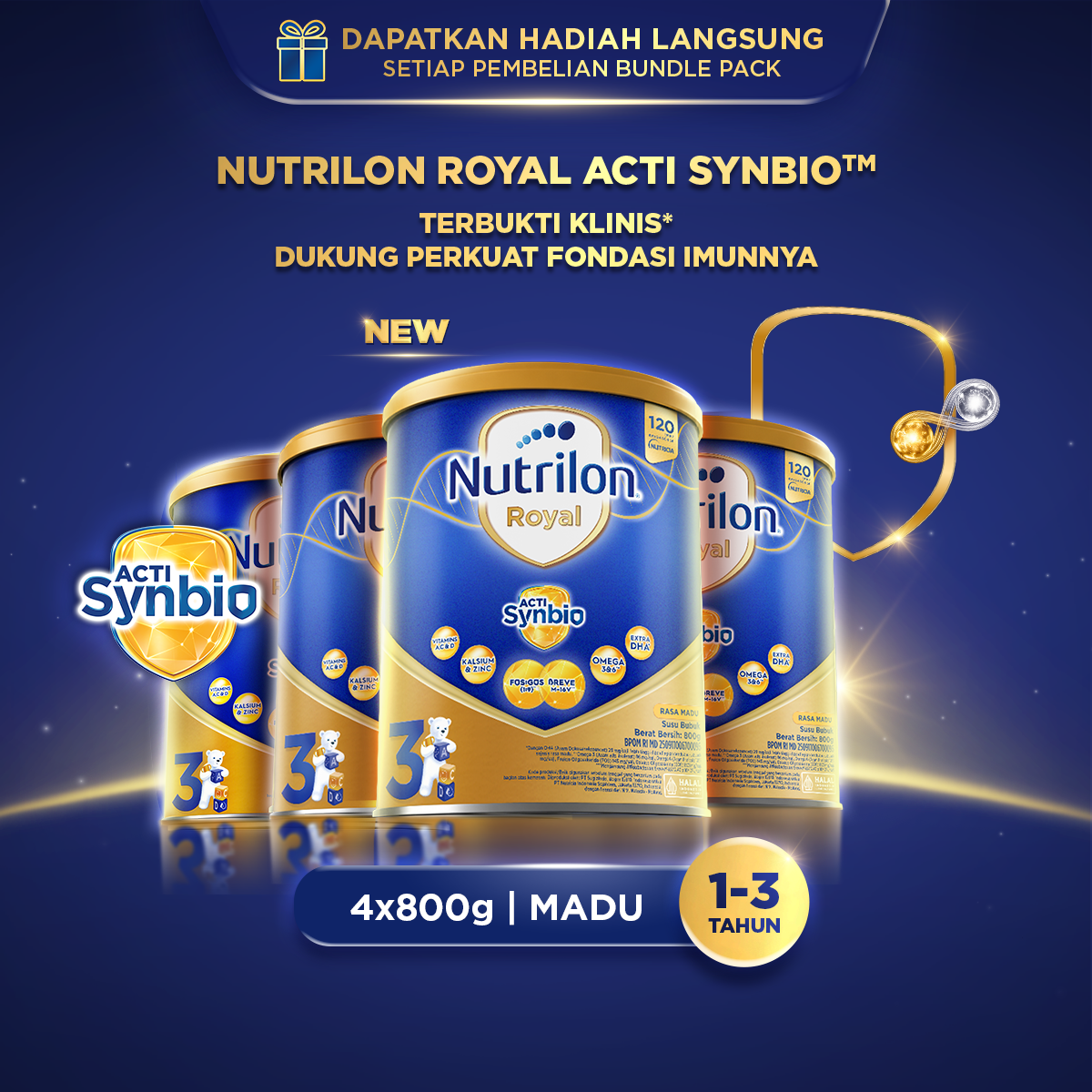 Nutrilon Royal 3 Madu 800gr x 4, Susu Formula Anak untuk Usia 1-3 Tahun